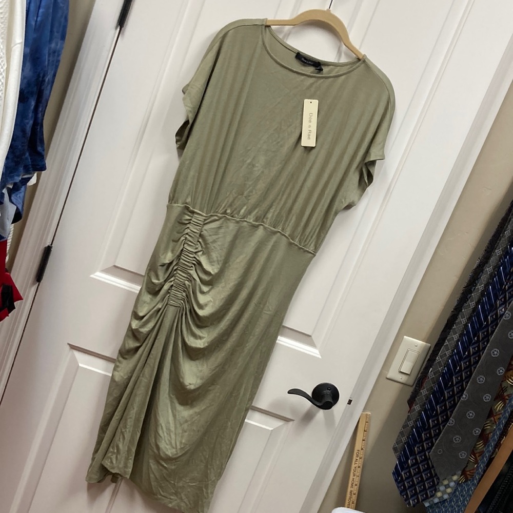 Doe & Rae Sage Green Ruched Midi Dress